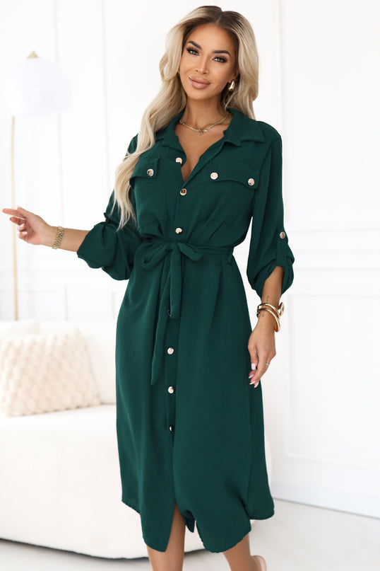 531-7 Midi shirt dress with gold buttons and tie detail - green