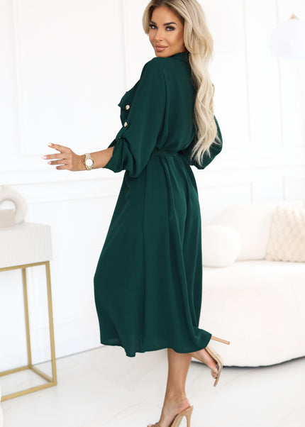 531-7 Midi shirt dress with gold buttons and tie detail - green