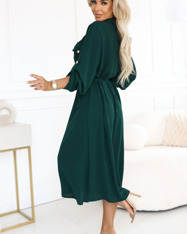 531-7 Midi shirt dress with gold buttons and tie detail - green