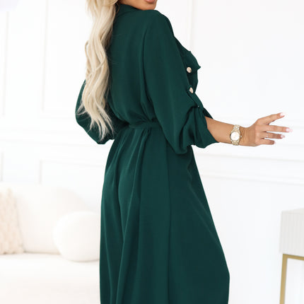 531-7 Midi shirt dress with gold buttons and tie detail - green