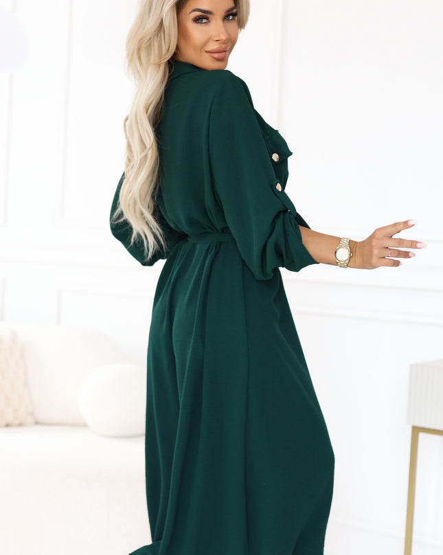 531-7 Midi shirt dress with gold buttons and tie detail - green