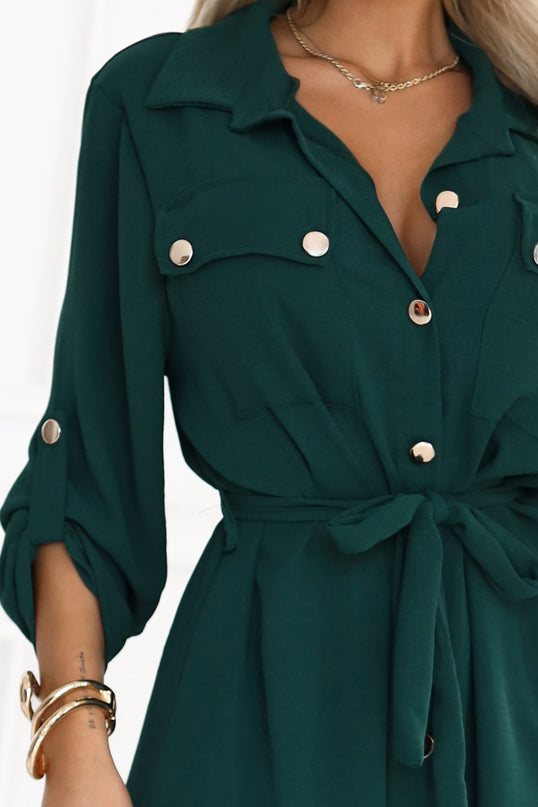 531-7 Midi shirt dress with gold buttons and tie detail - green
