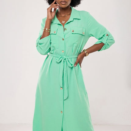 531-8 Midi shirt dress with gold buttons and a tie - neon mint