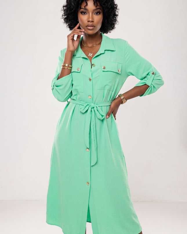531-8 Midi shirt dress with gold buttons and a tie - neon mint