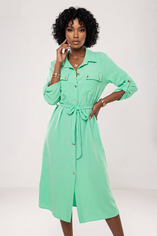 531-8 Midi shirt dress with gold buttons and a tie - neon mint