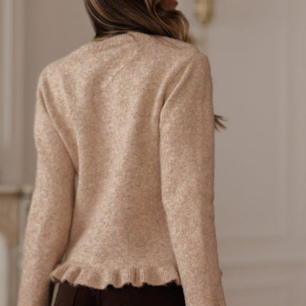 Oatmeal Ruffle Trim Gold Button Sweater Cardigan