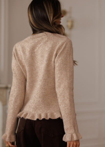 Oatmeal Ruffle Trim Gold Button Sweater Cardigan