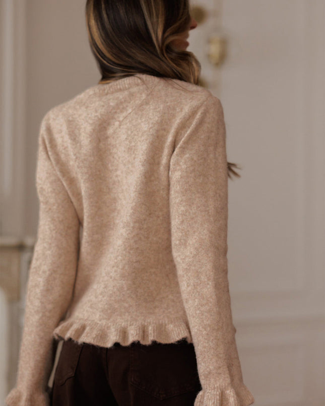 Oatmeal Ruffle Trim Gold Button Sweater Cardigan