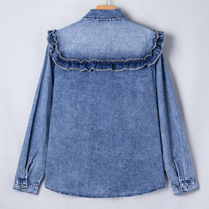 Dusk Blue Vintage Wash Denim Ruffle Detail Button Down Shirt