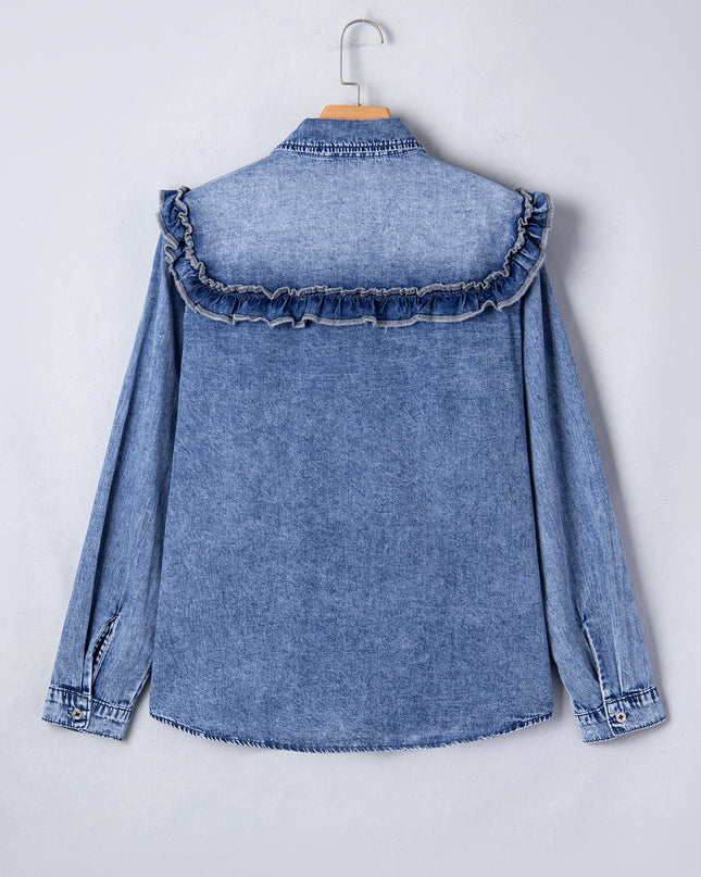 Dusk Blue Vintage Wash Denim Ruffle Detail Button Down Shirt