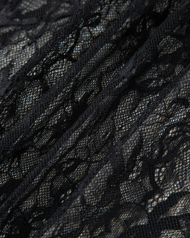 Black Solid Color Sleeveless Sheer Floral Lace Patchwork Long Dress