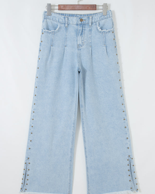 Beau Blue Studded Side Slit Leg Frayed Pocketed Wide Leg Jeans