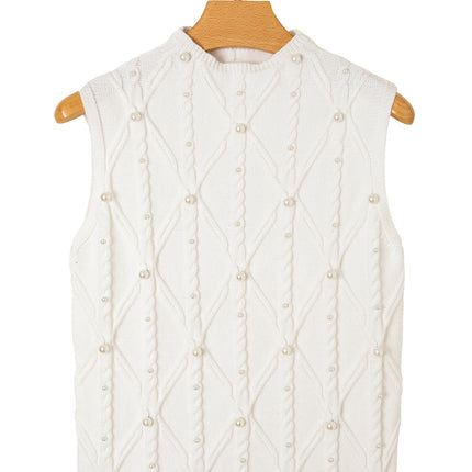 White Pearled High Neck Textured Knit Sweater Vest