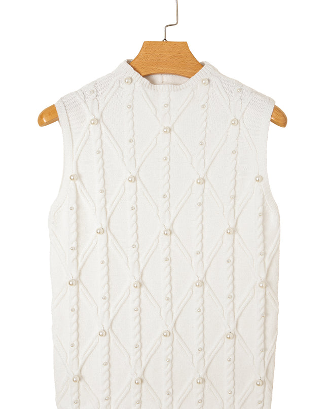 White Pearled High Neck Textured Knit Sweater Vest