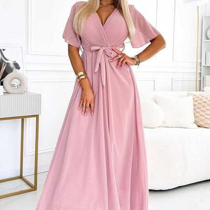 Powder Pink Dress with Pleated Neckline and Ties