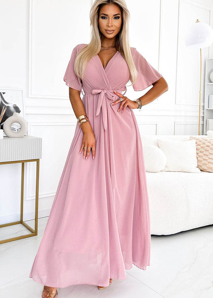 Powder Pink Dress with Pleated Neckline and Ties
