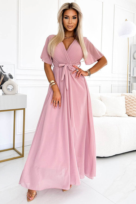 Powder Pink Dress with Pleated Neckline and Ties