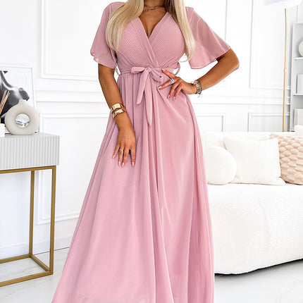 545-1 Long dress with a pleated neckline and ties - powder pink