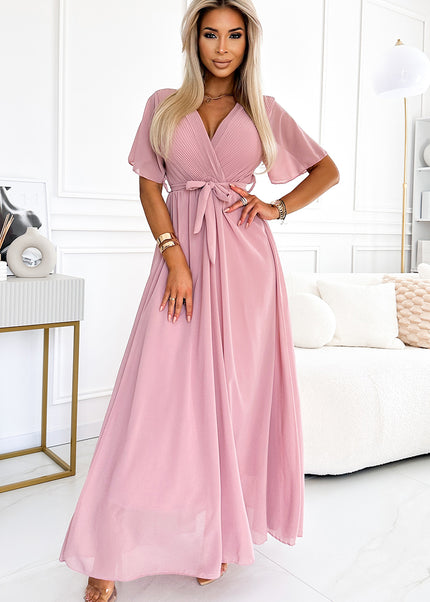 545-1 Long dress with a pleated neckline and ties - powder pink