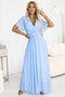 Light Blue Long Dress with Pleated Neckline and Tie
