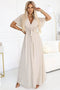 Beige Long Dress with Pleated Neckline and Tie