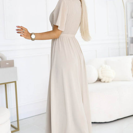 Beige Long Dress with Pleated Neckline and Tie