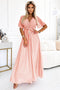 Peach Long Dress with Pleated Neckline and Tie