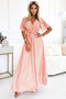 545-4 Long dress with pleated neckline and tie - peach color