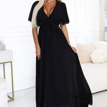 Black Long Dress with Pleated Neckline and Tie