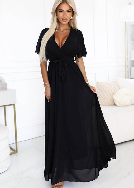 Black Long Dress with Pleated Neckline and Tie