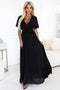 Black Long Dress with Pleated Neckline and Tie