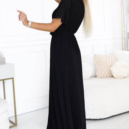 Black Long Dress with Pleated Neckline and Tie