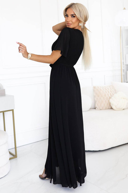 Black Long Dress with Pleated Neckline and Tie