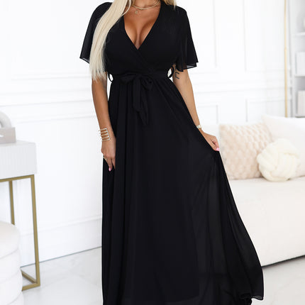 545-5 Long dress with pleated neckline and tie - black