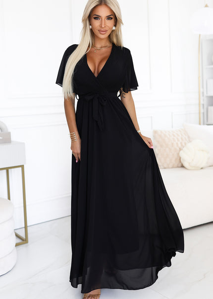 545-5 Long dress with pleated neckline and tie - black