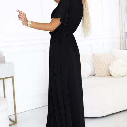 545-5 Long dress with pleated neckline and tie - black