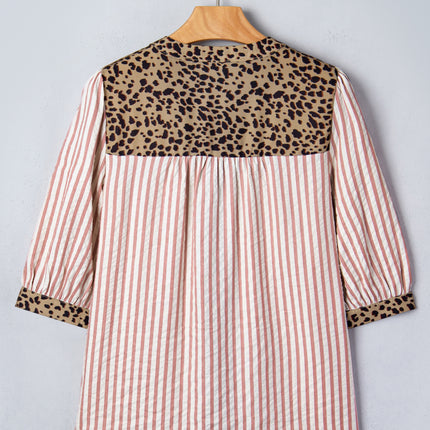 Sky Blue Stripe Leopard Trim V Neck Button Down Half Sleeve Shirt