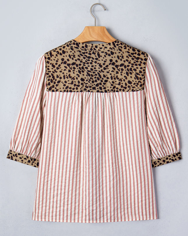Sky Blue Stripe Leopard Trim V Neck Button Down Half Sleeve Shirt