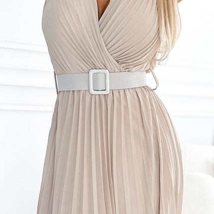 Beige Pleated Dress with Wide Belt