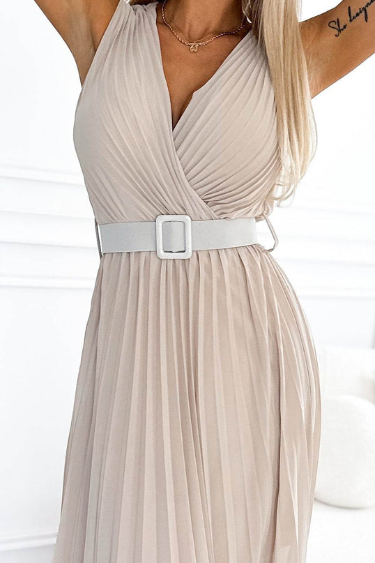 Beige Pleated Dress with Wide Belt