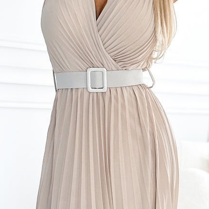 546-1 Pleated dress with a wide belt and neckline - Beige