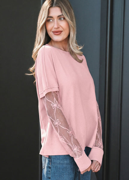Light Pink Solid Color Bow Textured Patchwork Long Sleeve Tee