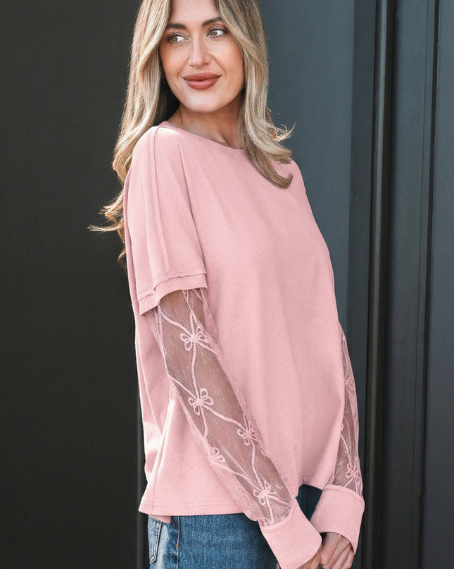 Light Pink Solid Color Bow Textured Patchwork Long Sleeve Tee