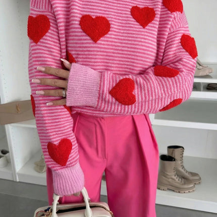 Gray Stripe Contrast Heart Pattern Valentine Knit Sweater