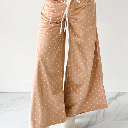 Khaki Polka Dot Print Drawstring Wide Leg Pants