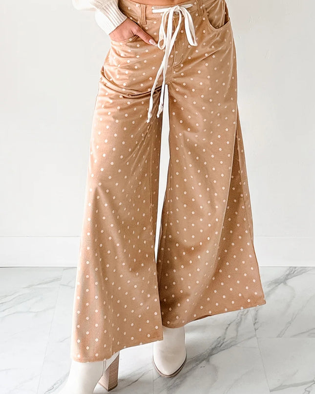 Khaki Polka Dot Print Drawstring Wide Leg Pants