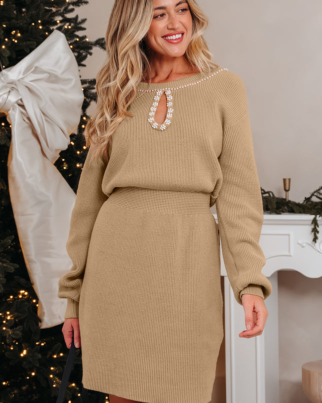 Smoke Gray Pearl Embellished Keyhole Ribbed Sweater Dress