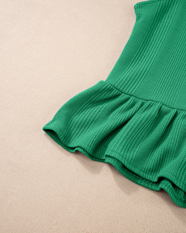 Beau Blue Solid Color Ribbed Ruffle Tank Top and Pants Set