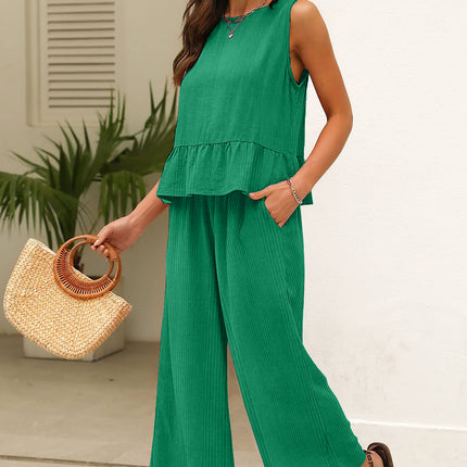 Beau Blue Solid Color Ribbed Ruffle Tank Top and Pants Set
