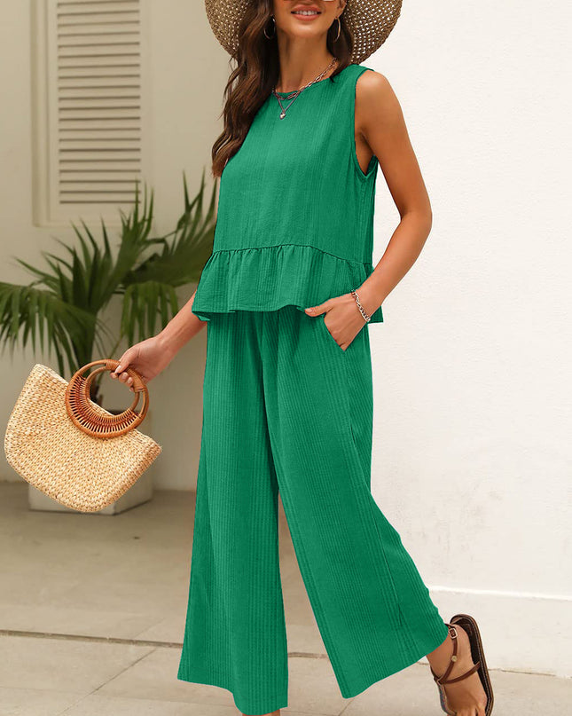 Beau Blue Solid Color Ribbed Ruffle Tank Top and Pants Set